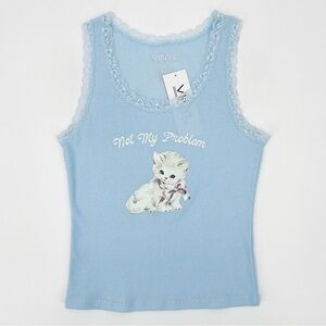 NWT Vinyl Icons Blue Kitten Lace Trim Tank Top Size Large